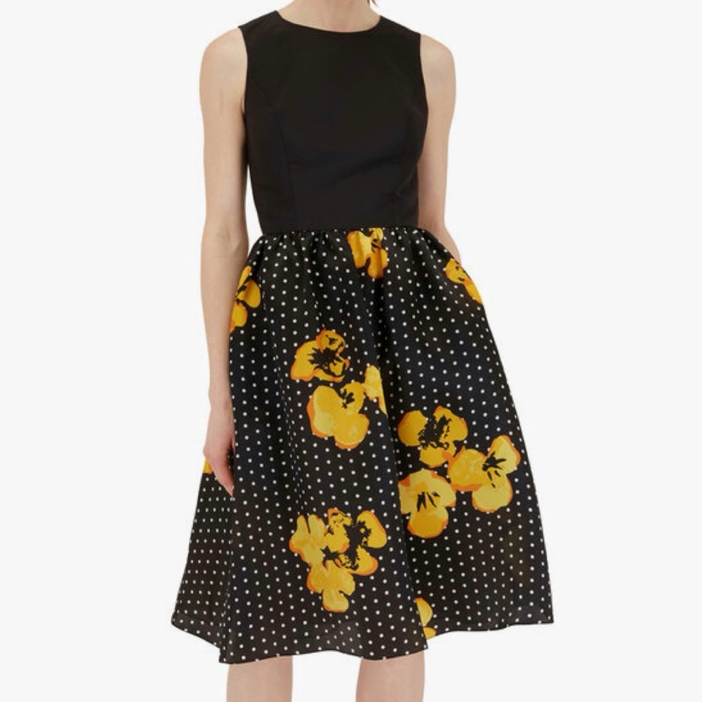 Carolina Herrera Sleeveless A-Line Dress Black Yellow Floral Silk Knee Length